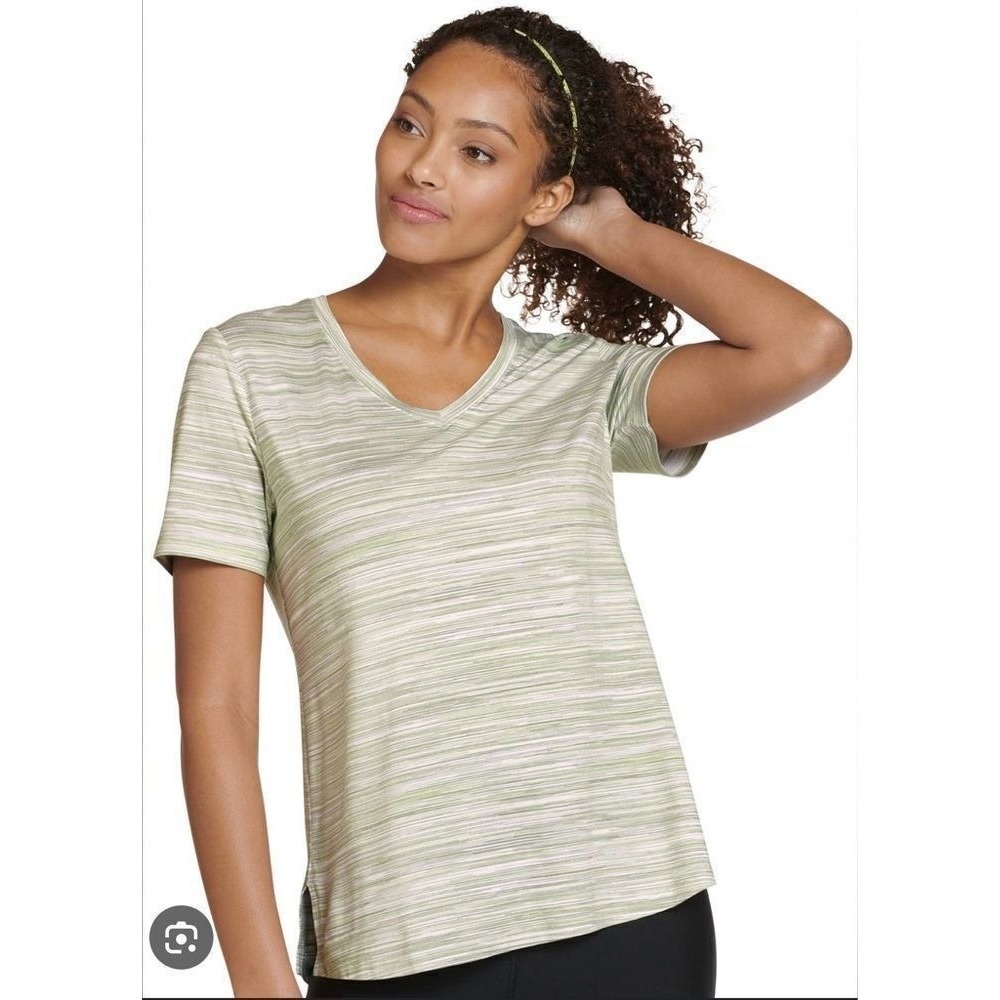Jockey Stretch Knit V-Neck Tee with Side‎ Slits Green Print Size Medium NWT